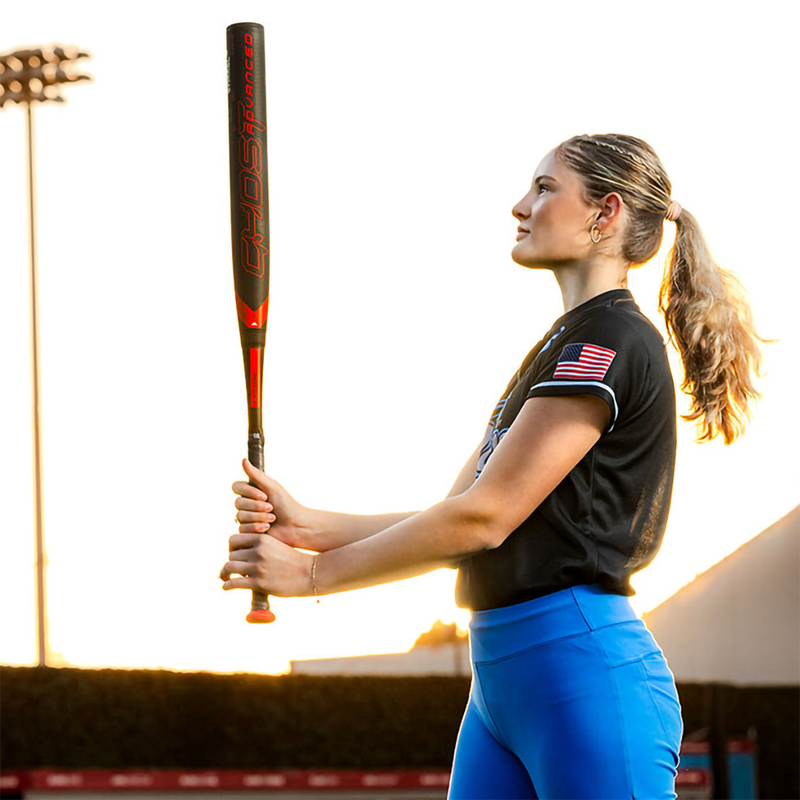 Ghost Advanced -10 Fastpitch, Easton Sports Ghost Advanced -10 Fastpitch Bat in Black/Red with model