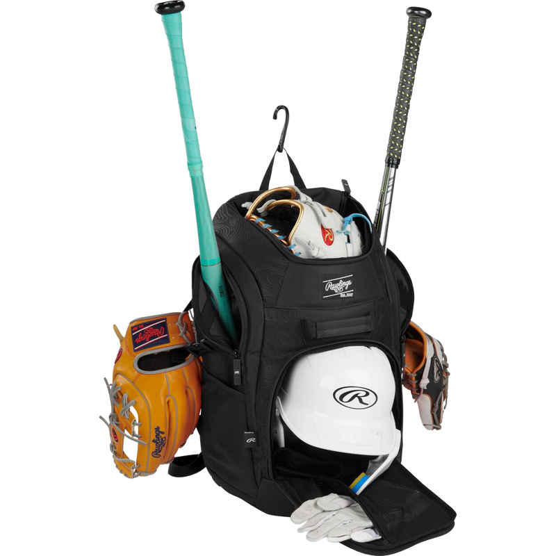 Franchise 2 Players Backpack, Rawlings Franchise 2 Players Backpack in Black loaded with equipment