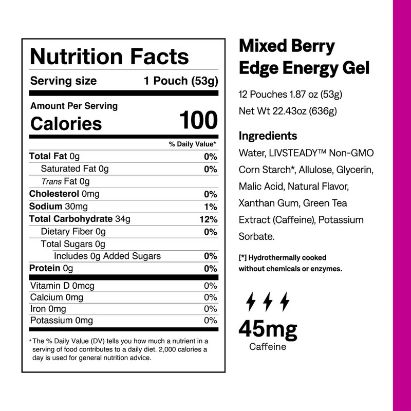 Edge Energy Gel Plus Caffeine, UCAN Edge Energy Gels with Caffeine Mixed Berry Nutrition Facts 