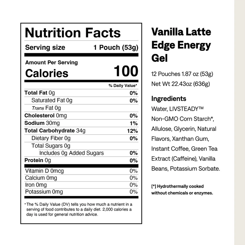 Edge Energy Gel Plus Caffeine, UCAN Edge Energy Gels with Caffeine Vanilla Latte Nutrition Facts 
