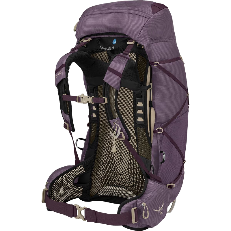 Women's Eja 58, Osprey Eja 58 in Purple Dusk harness and waist belt side