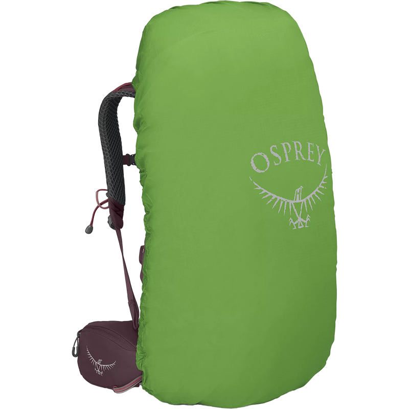 Women's Kyte 48, Osprey Kyte 48 in Elderberry Purple with rain cover