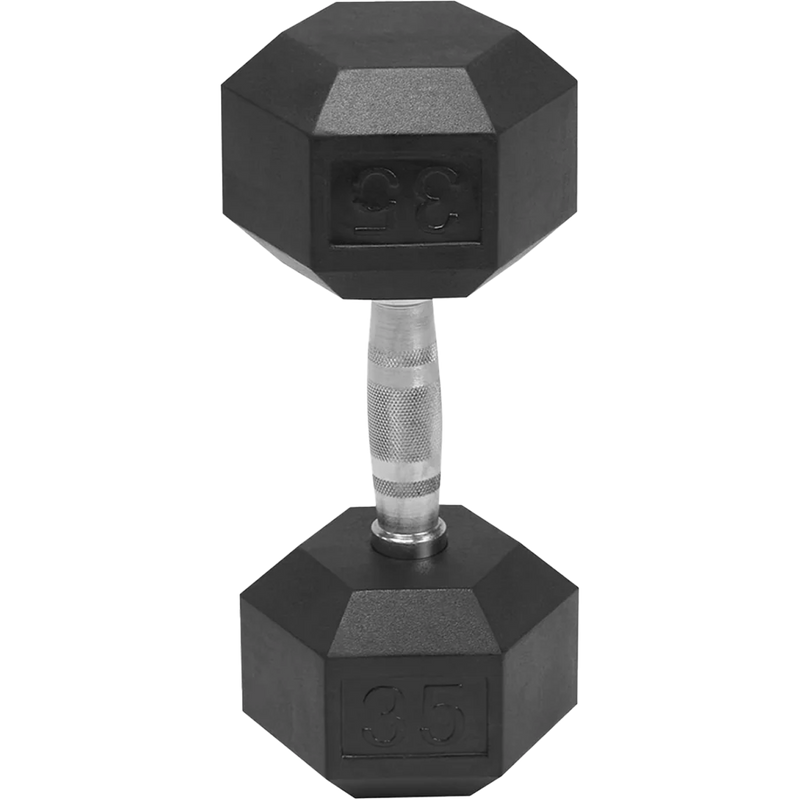 Rubber Hex Dumbbell 35 lb, Blazzed Fitness Rubber Hex Dumbbell on end