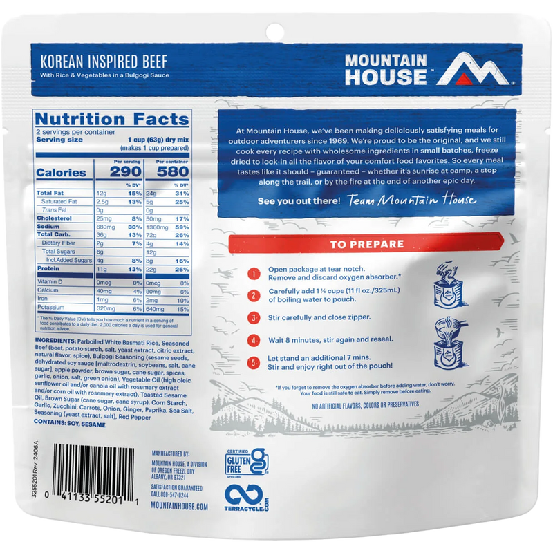 Korean Inspired Beef, Mountain House Korean Inspired Beef back of package