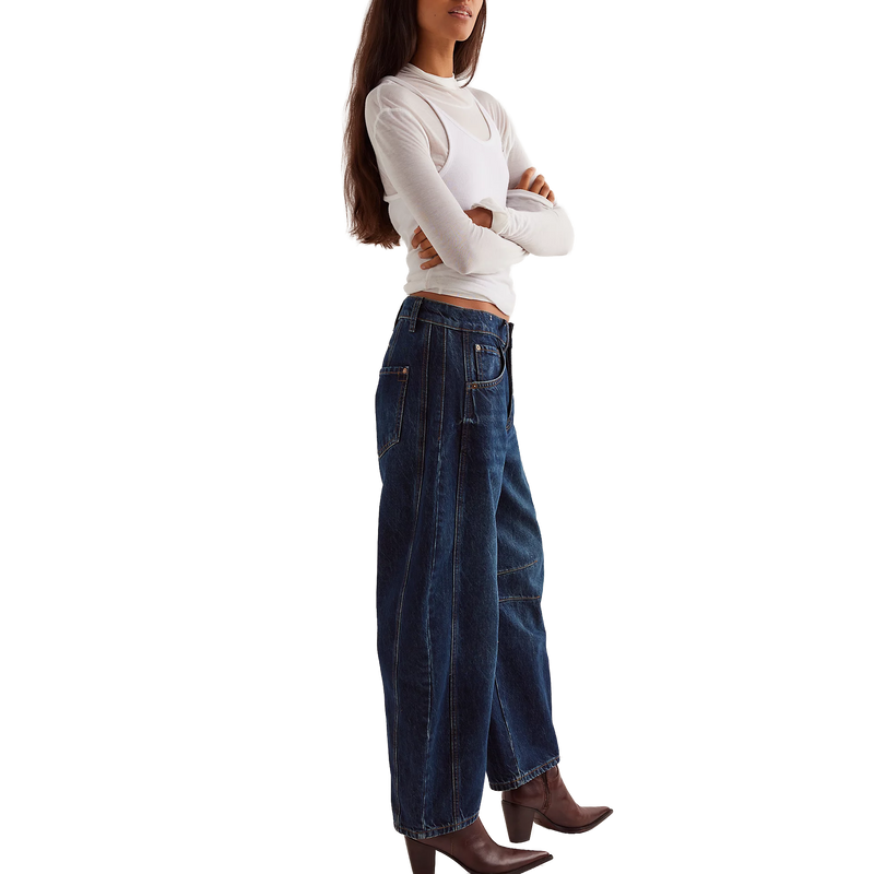 Women's Good Luck Mid Rise Barrel Jeans, Free People Women's Good Luck Mid Rise Barrel Jeans in 4452 Deep End right side
