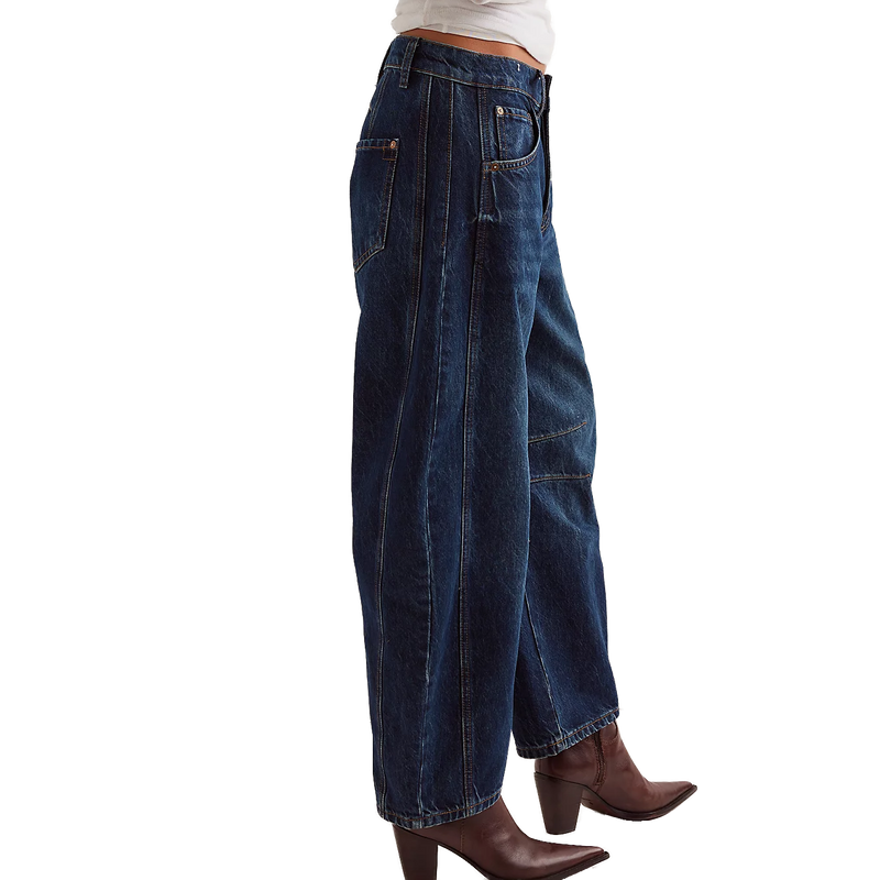 Women's Good Luck Mid Rise Barrel Jeans, Free People Women's Good Luck Mid Rise Barrel Jeans in 4452 Deep End right side