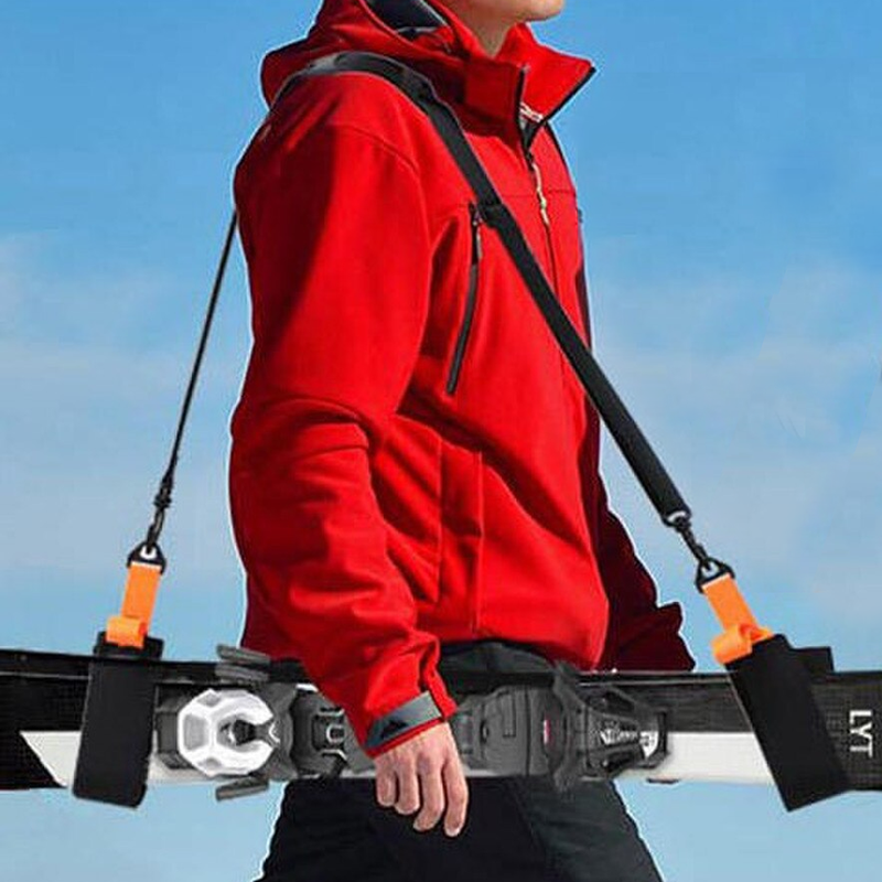 Sports Basement Ski Shoulder Strap, Sun Valley Ski Tools Sports Basement Ski Shoulder Strap with skis 
over shoulder
