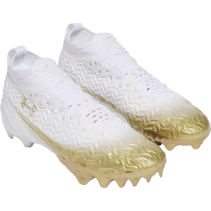 Men's Spotlight Pro Football Cleats, Under Armour Men's Spotlight Pro Football Cleats in 109-White/Metallic Gold  pair front right