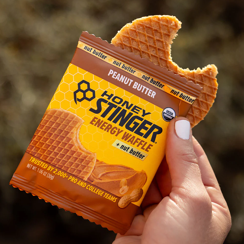 Organic Nut Butter Energy Waffles, Honey Stinger Organic Peanut Butter Energy Waffles in hand