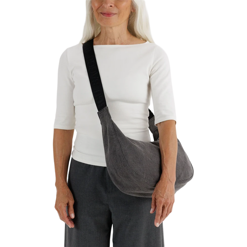 Medium Denim Crescent Bag, Baggu Medium Denim Crescent Bag Wash Black Denim on model