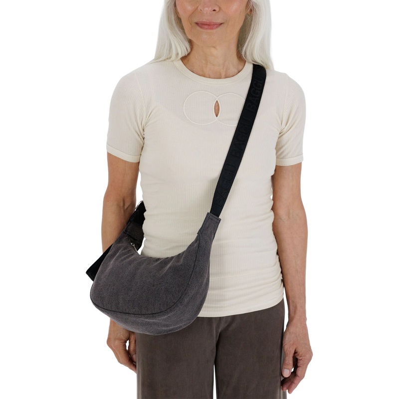 Small Denim Crescent Bag, BAGGU Small Denim Crescent Bag on model