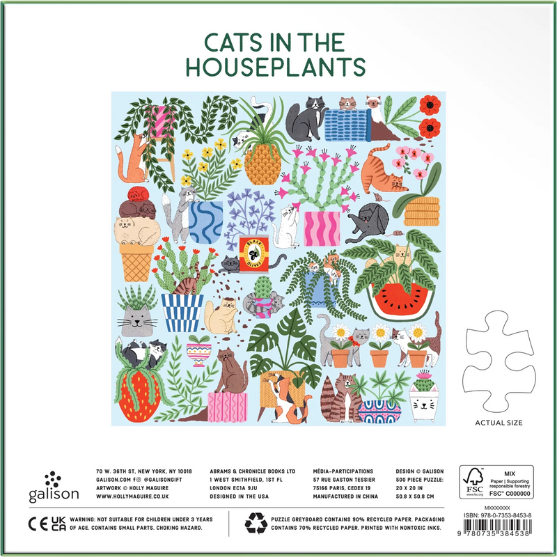 Cats in the Houseplants 500 Piece Puzzle, Chronicle Books Cats in the Houseplants 500 Piece Puzzle back of box
