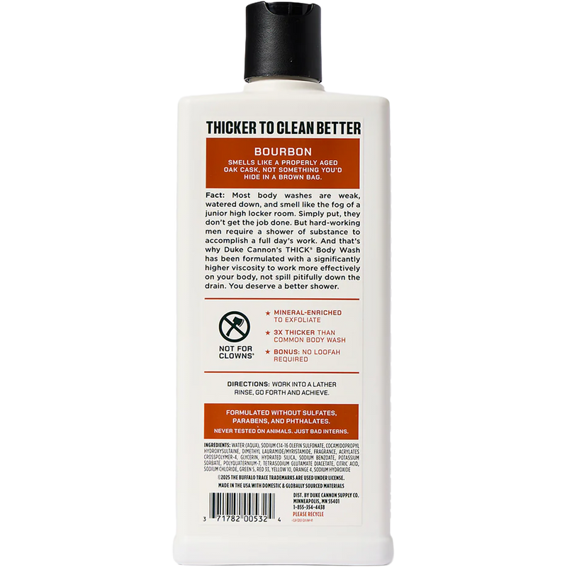 Body Wash 18oz, Duke Cannon Body Wash in Bourbon 18oz back of package