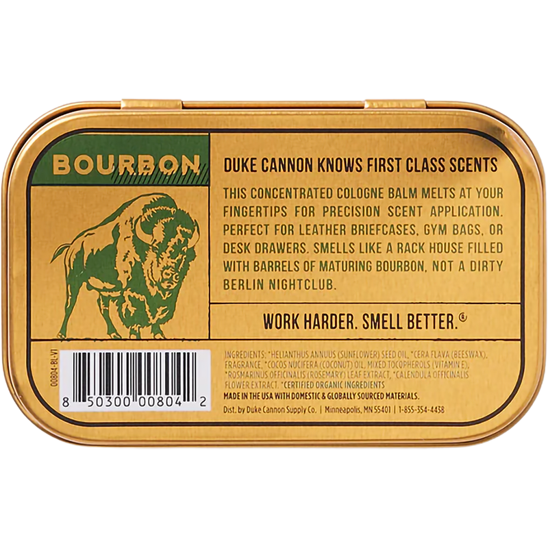 Solid Cologne, Duke Cannon Solid Cologne in Bourbon back of tin