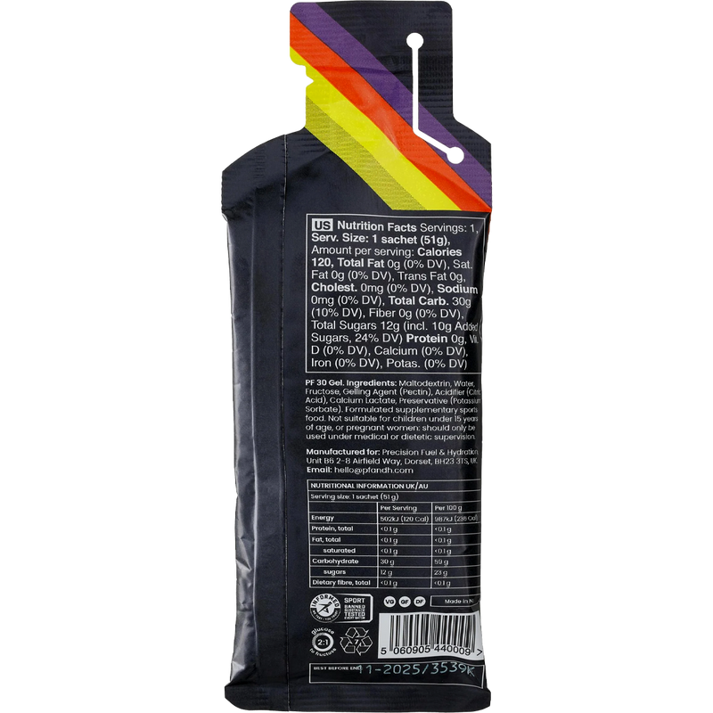 PF 30 Gel, Precision Fuel and Hydration PF 30 Gel back of package