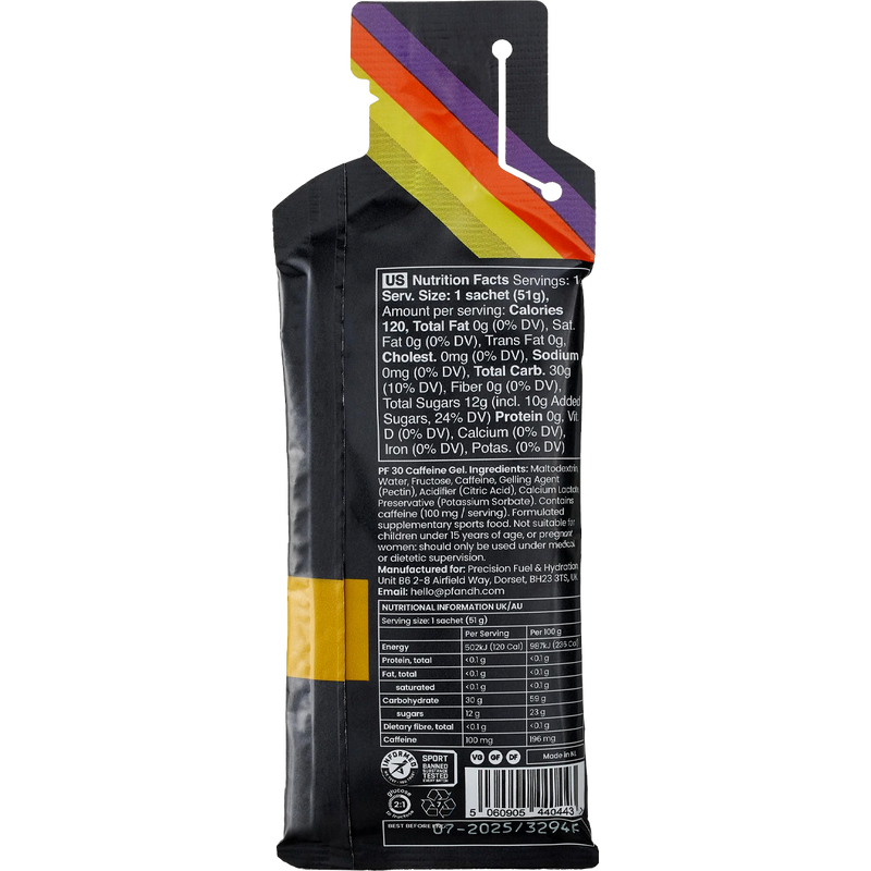 PF 30 Caffeine Gel, Precision Fuel and Hydration PF 30 Caffeine Gel back of package