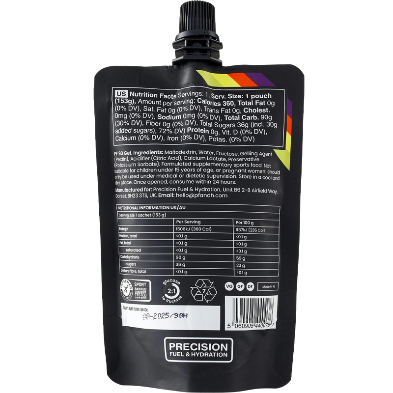 PF 90 Gel, Precision Fuel and Hydration PF 90 Gel back of package