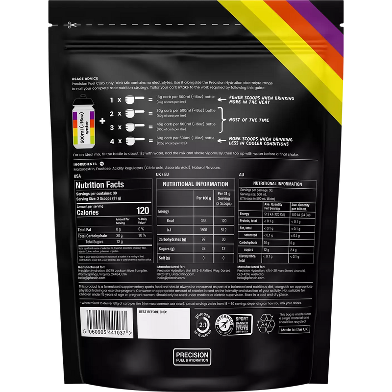 Carb Only Drink Mix (30 Servings), Precision Fuel and Hydration Carb Only Drink Mix (30 Servings) back of package