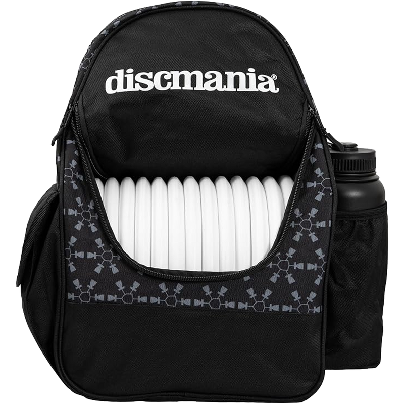 Fanatic Go Backpack, Discmania Fanatic Go Backpack in Black with discs and water bottle