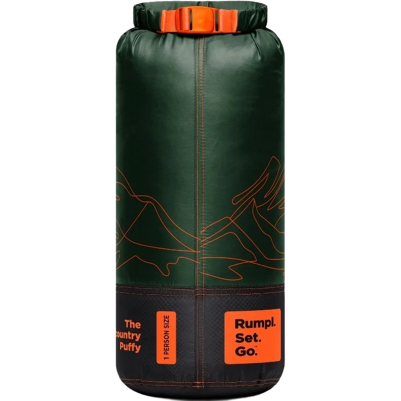 The Backcountry Puffy Blanket, Rumpl The Backcountry Puffy Blanket in Mountain Green Peak stuff sack back