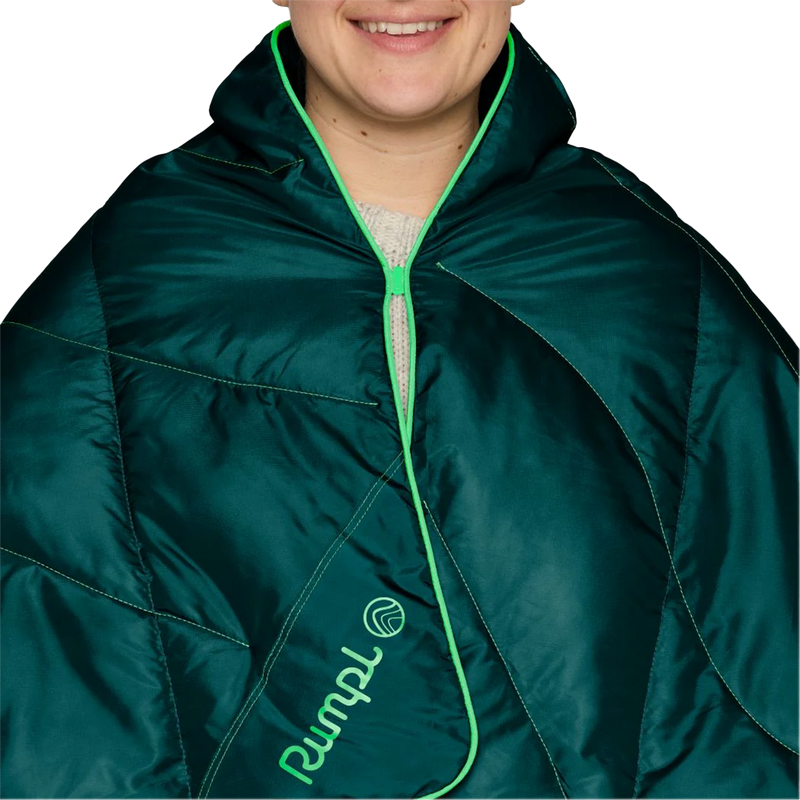 The Travel Puffy Blanket, Rumpl The Travel Puffy Blanket in with model around shoulders