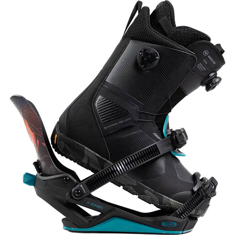 Mercury FASE Art Series, Jones Snowboards Mercury Fase in Blue Art with boot stepping in