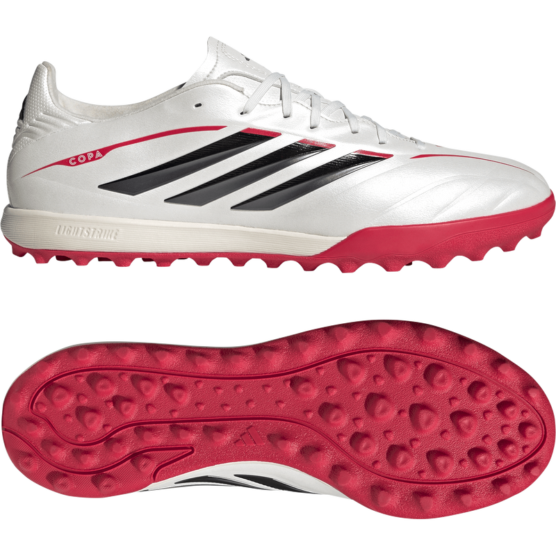 Copa Pure IV League Turf, Adidas Copa Pure IV League Turf in Zero Metalic/Core Black/Lucid Red pair right profile and bottom