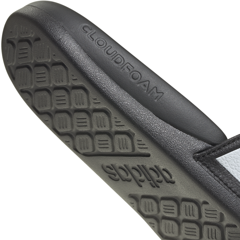Men's Adilette Comfort 2.0, Adidas Men's Adilette Comfort 2.0 in Core Black/White/Carbon heel bottom