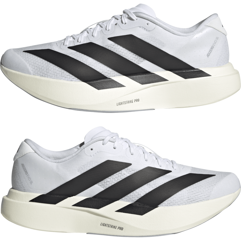 Men's Adizero Evo SL, Adidias Men's Adizero Evo SL in White/Core Black pair right and left