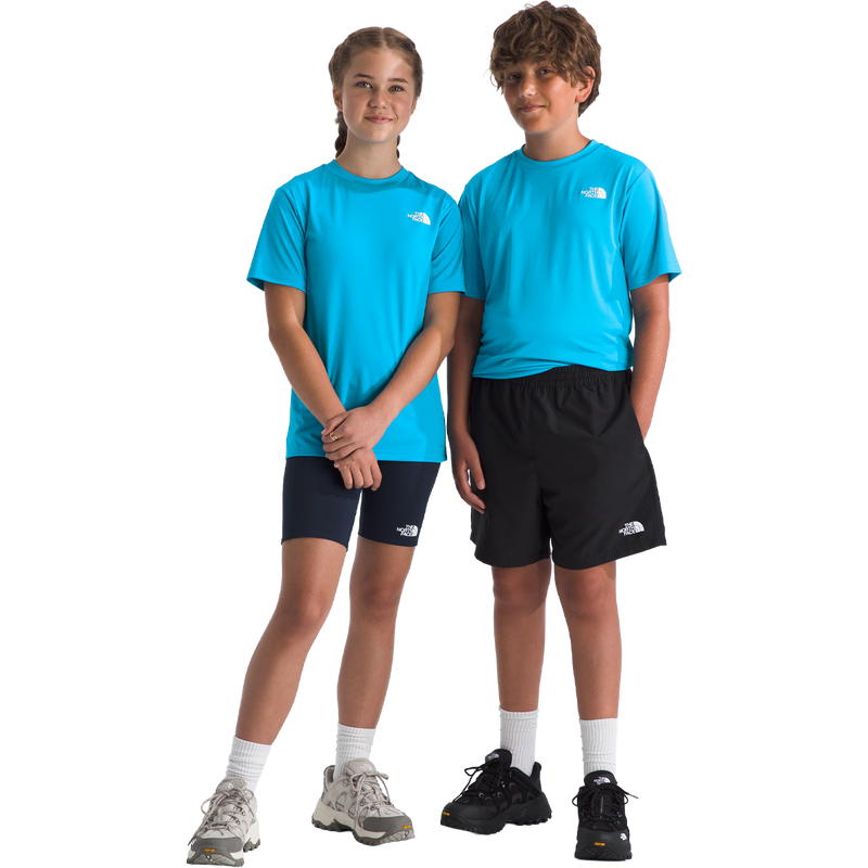 Youth Teen New 24/7 Short Sleeve Tee, The North Face Youth Teen New 24/7 Short Sleeve Tee in Meridian Blue front side of models