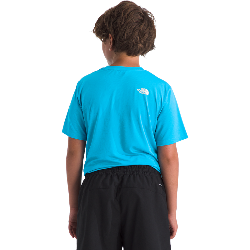 Youth Teen New 24/7 Short Sleeve Tee, The North Face Youth Teen New 24/7 Short Sleeve Tee in Meridian Blue back side on model