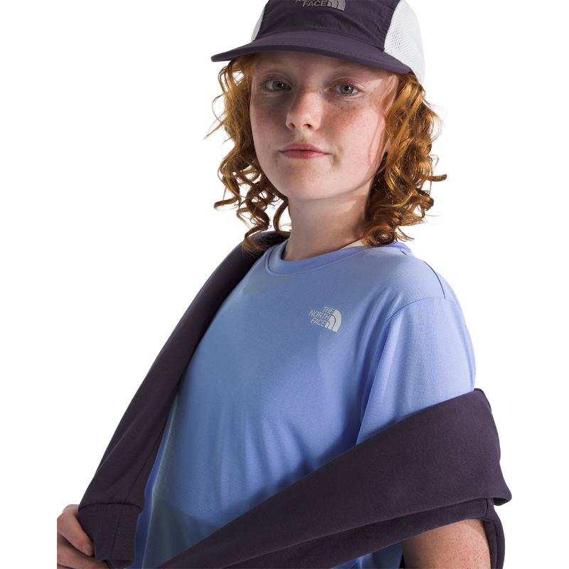 Youth Flex Short Sleeve Tee, The North Face Youth Flex Short Sleeve Tee in periwinkle glow logo detail
