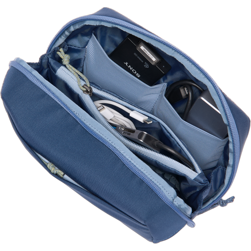 Viaje Tech Organizer, Viaje Tech Organizer in Deep Sea angled view showing contents and zipper detail