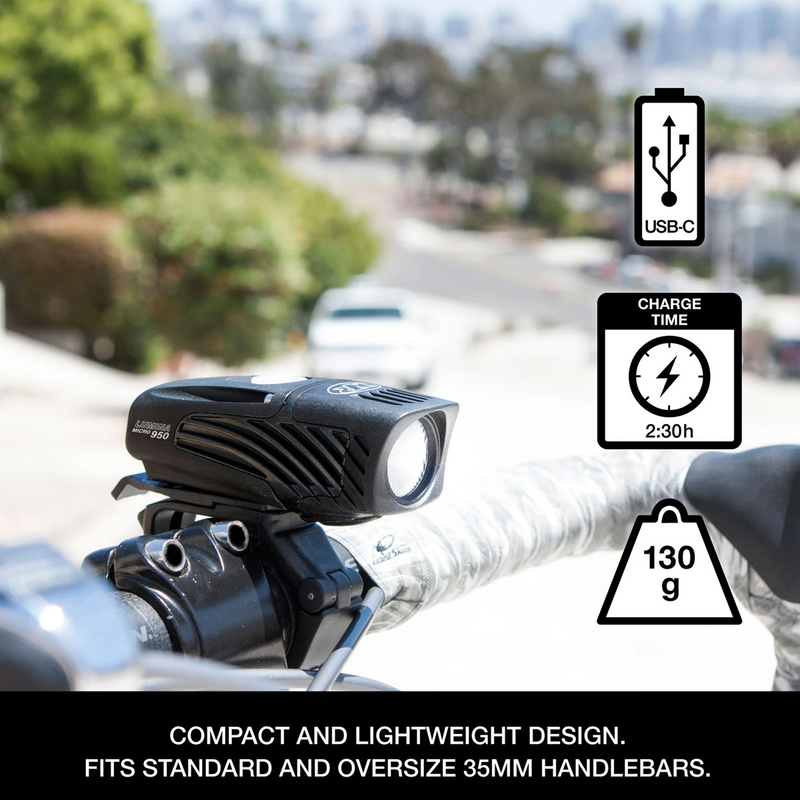 Lumina Micro 950 Front Bike Light, NiteRider Lumina Micro 950 on handlebars