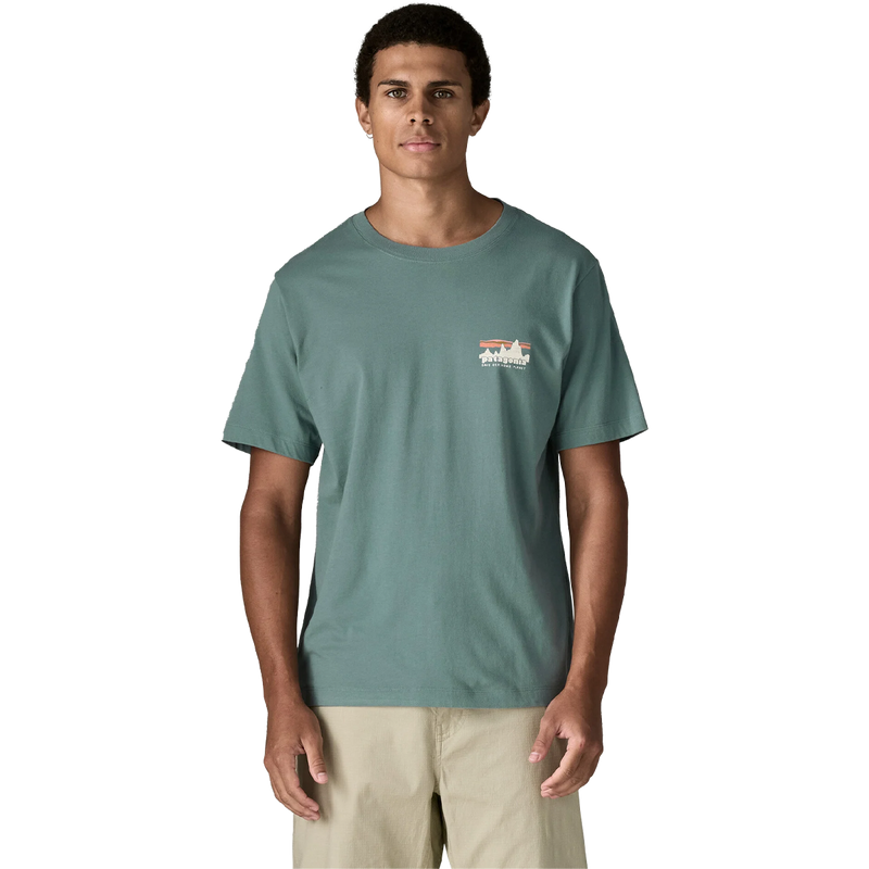 73 Skyline T-Shirt, Men's Patagonia 73 Skyline T-Shirt in Blue Sage front view on model