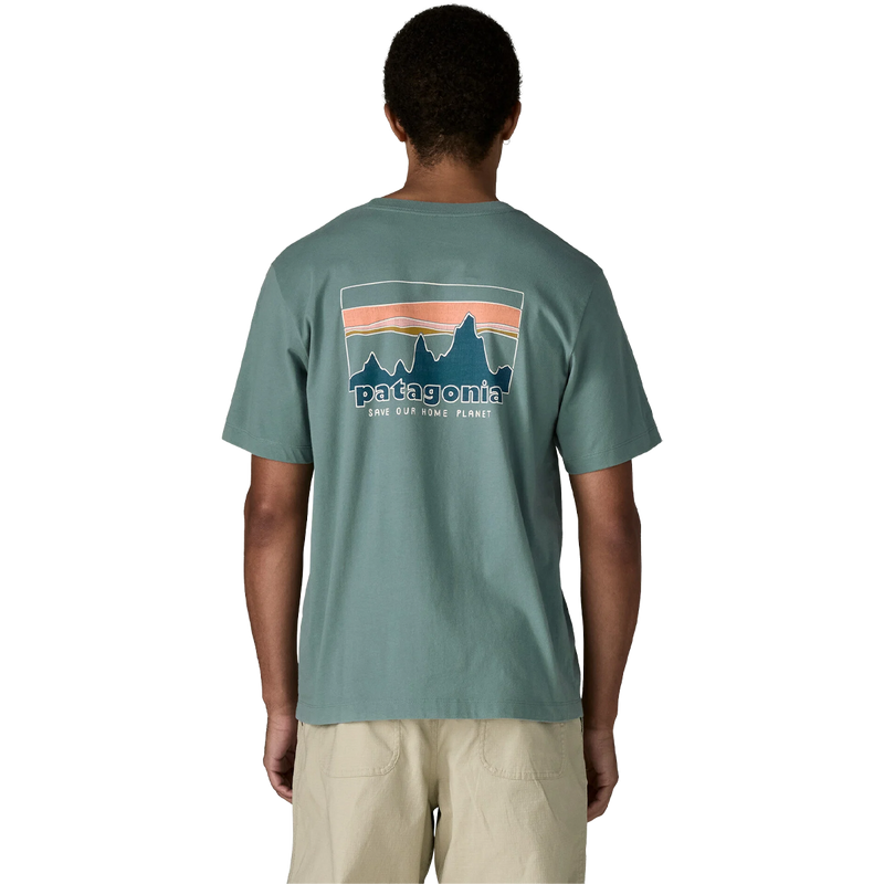 73 Skyline T-Shirt, Men's Patagonia 73 Skyline T-Shirt in Blue Sage back view on model