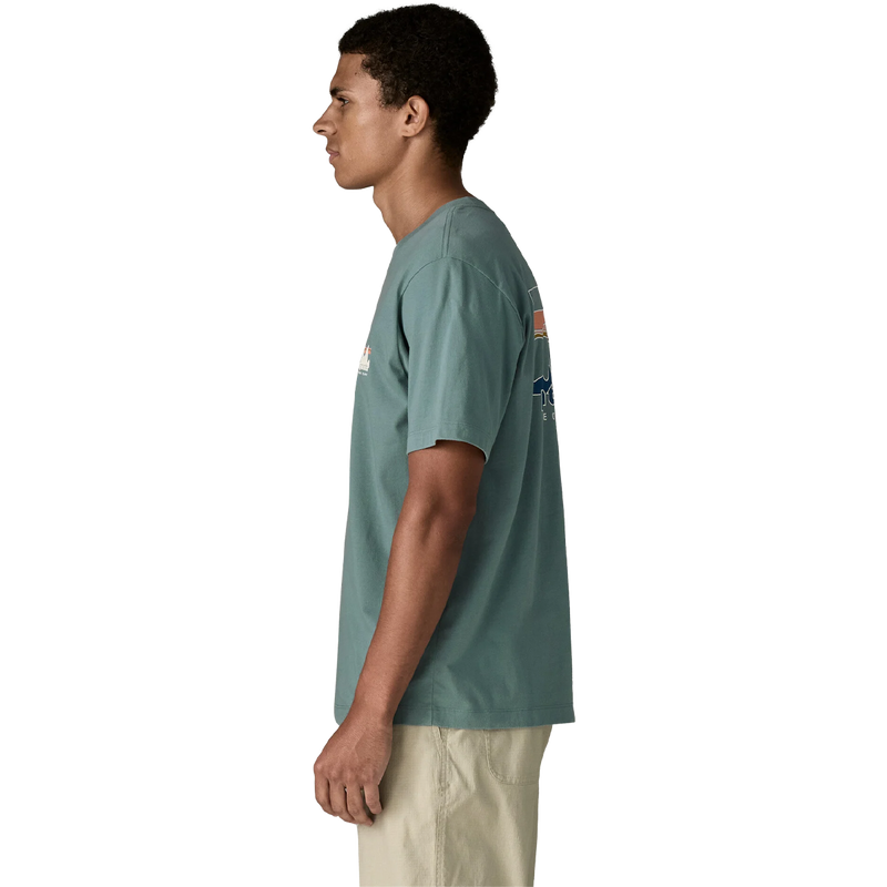 73 Skyline T-Shirt, Men's Patagonia 73 Skyline T-Shirt in Blue Sage side view on model