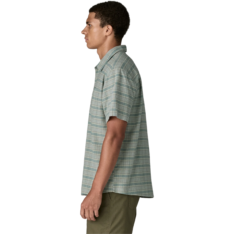 Men's Back Step Shirt, Patagonia Men's Back Step Shirt in Blue Sage side view on model