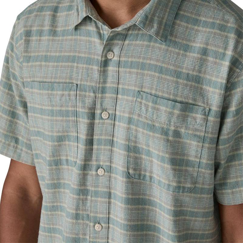 Men's Back Step Shirt, Patagonia Men's Back Step Shirt in Blue Sage front view pocket detail on model