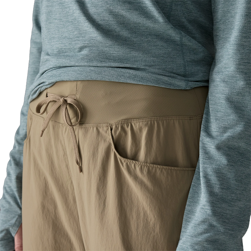 Women's Sandy Cay Pants, Patagonia Women's Sandy Cay Pants in Seabird Grey angled view, waist and pocket detail, drawstring and hem
