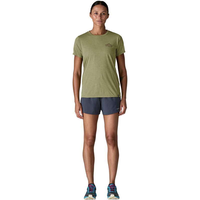 Women's Capilene Cool Daily Shirt Cloud Crag, Patagonia Women's Capilene Cool Ultra Shirt in Gum Tree Green full body view on model