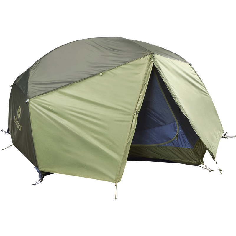 Trailfin 2P, Marmot Trailfin 2P in 42487-Olive Grove/Nori with rainfly door partially open