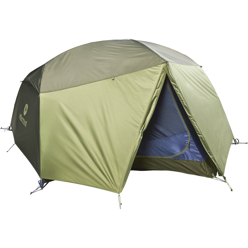 Trailfin 3P, Marmot Trailfin 3P in 42487-Olive Grove/Nori with rainfly door partially open