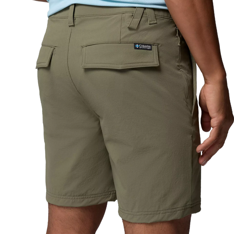 Men's Roc Tech Short 9", Columbia Men's Roc Tech Short 9" in Stone Greenback pocket detail and logo