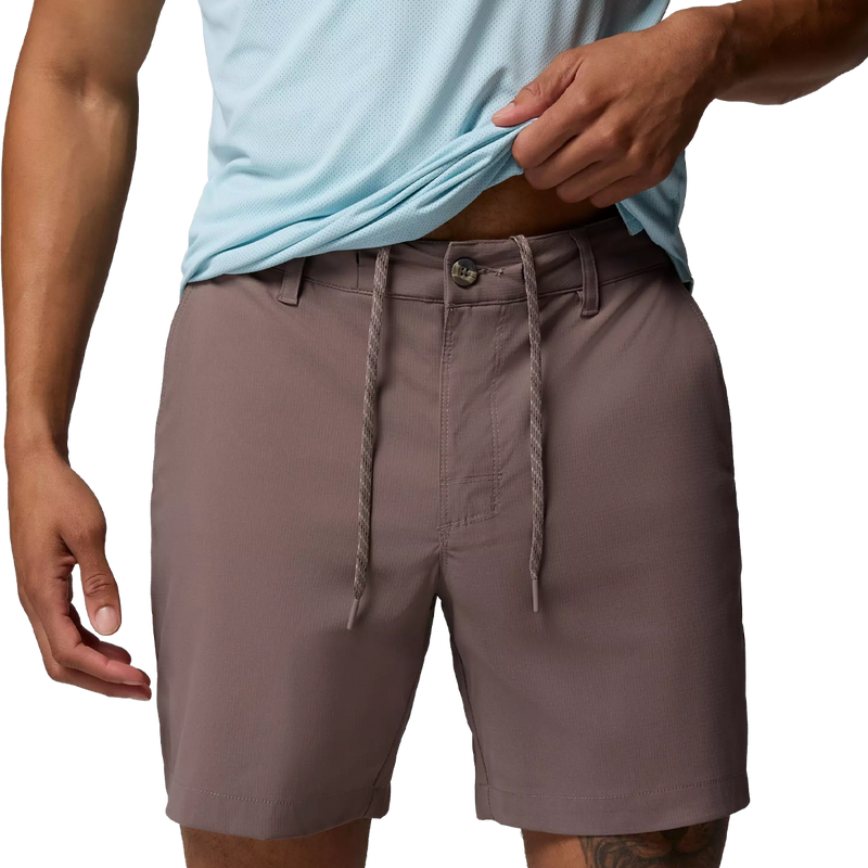 Men's Tech Trail Utility Short 9", Columbia Men's Tech Trail Utility Short 9" in Iron front view with drawstring and seam detail