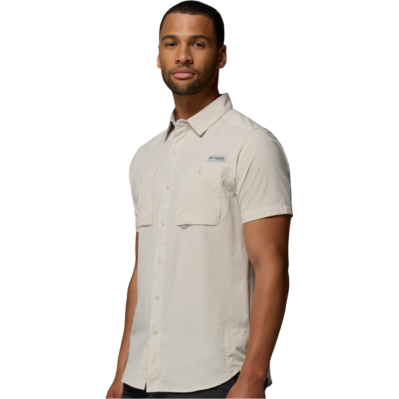 Men's Wild Cast Vent Short Sleeve Shirt, Columbia Wild Cast Vent Short Sleeve Shirt in Dark Stone angled view on model