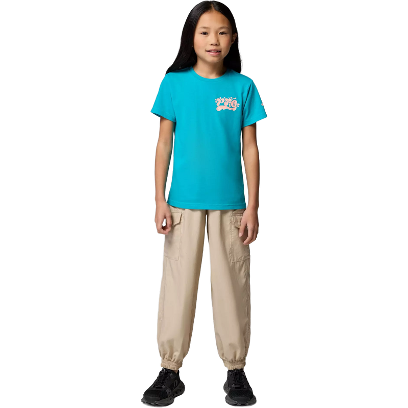 Youth PFG Palm Waves Short Sleeve Tee, Columbia Youth PFG Palm Waves Short Sleeve Tee in Ocean Teal Turtle Isle full body view on model