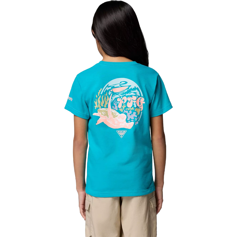 Youth PFG Palm Waves Short Sleeve Tee, Columbia Youth PFG Palm Waves Short Sleeve Tee in Ocean Teal Turtle Isle back view on model