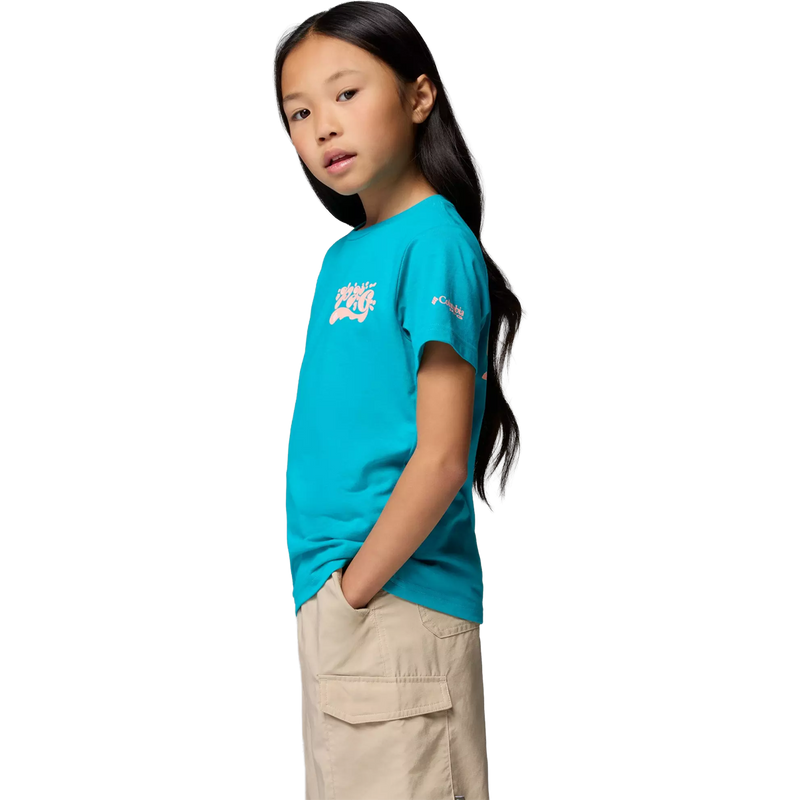 Youth PFG Palm Waves Short Sleeve Tee, Columbia Youth PFG Palm Waves Short Sleeve Tee in Ocean Teal Turtle Isle side view on model