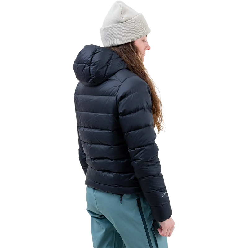 Women's Re-Up Recycled Down Hoodie, Jones Snowboards Women's Re-Up Recycled Down Hoodie in Stealth Black back right